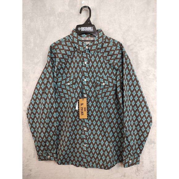 Rock & Roll Denim Other - Rock & Roll Denim Boys XL Snap Front Western Shirt Brown Turquoise Pattern